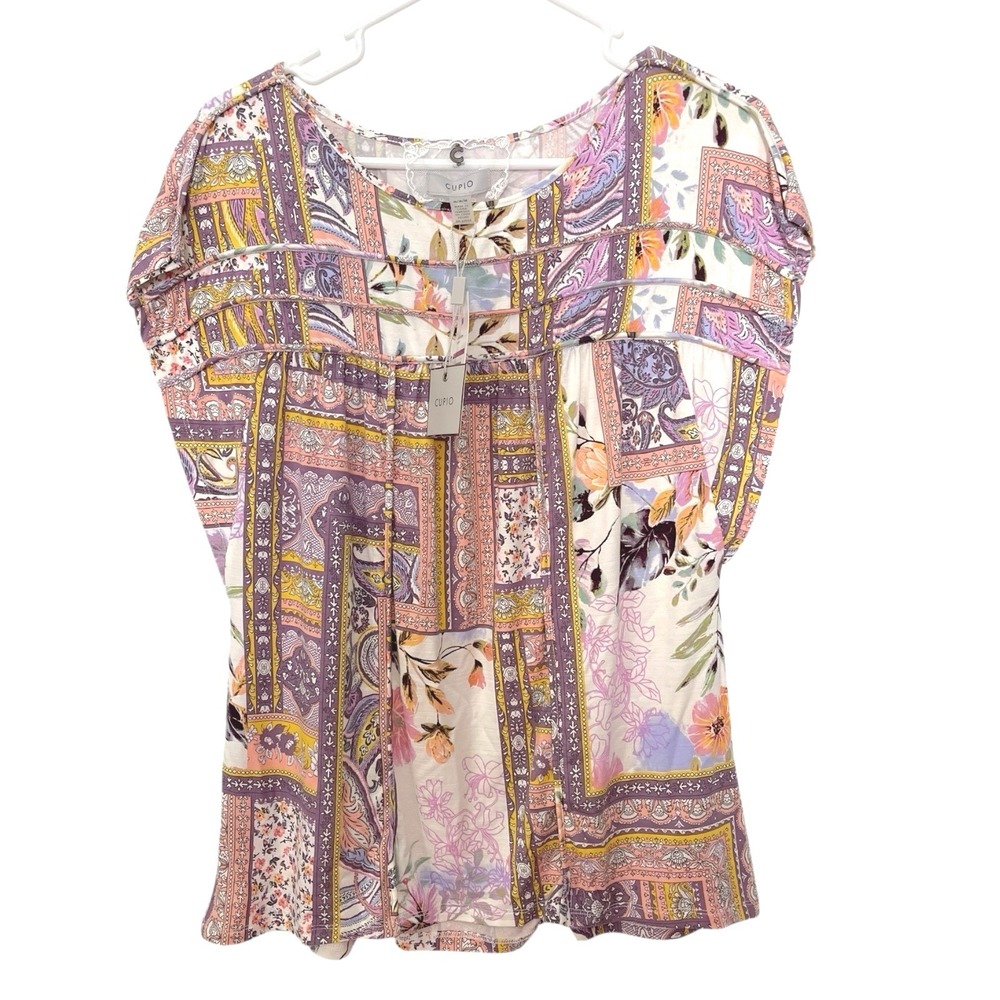 Cupio M Multicolor Patchwork Blouse Ladder Lace Floral Paisley Boho Cottagecore